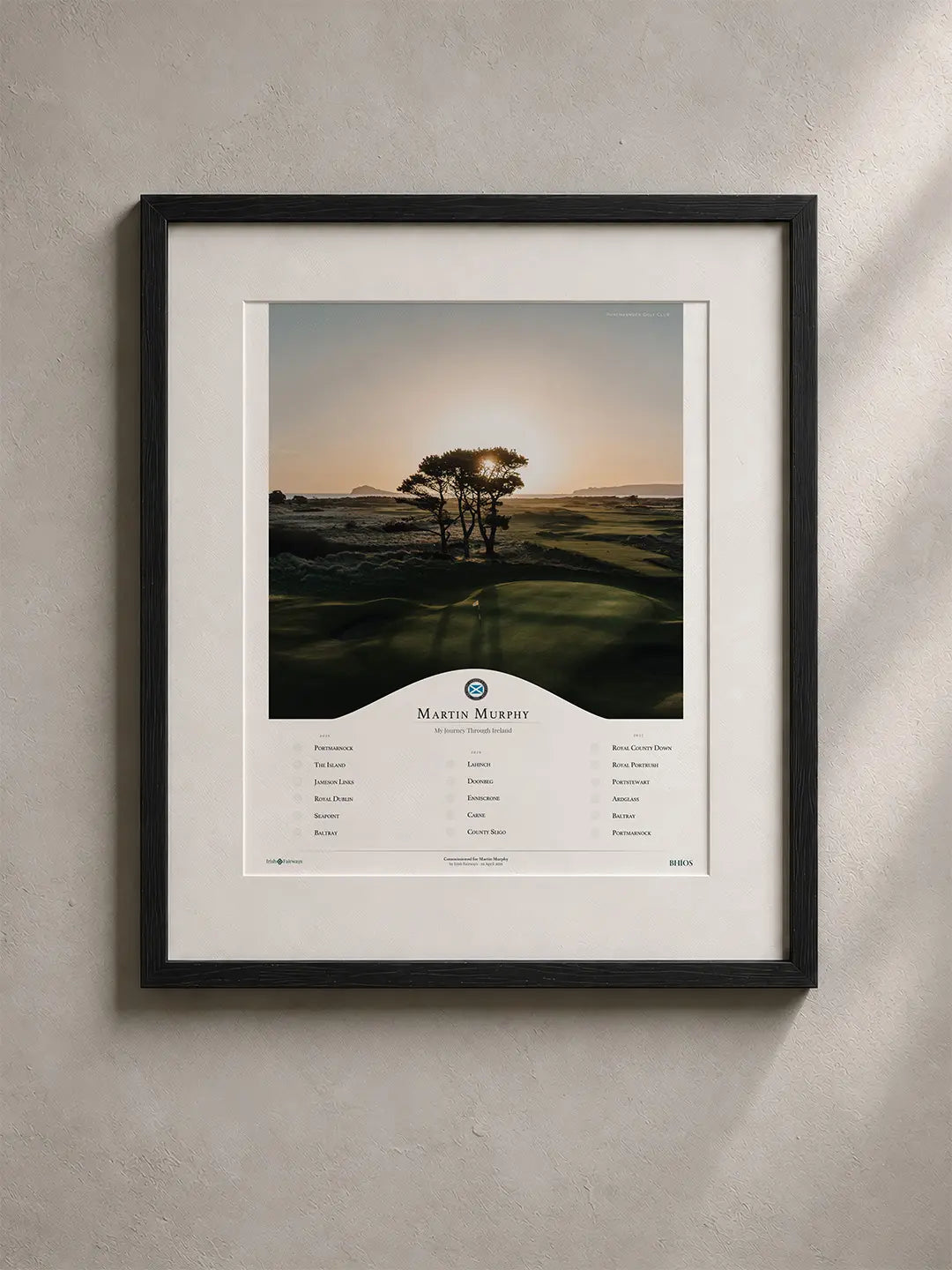 A framed BHÍOS links photograph, personalised with a golfer's name and milestones.