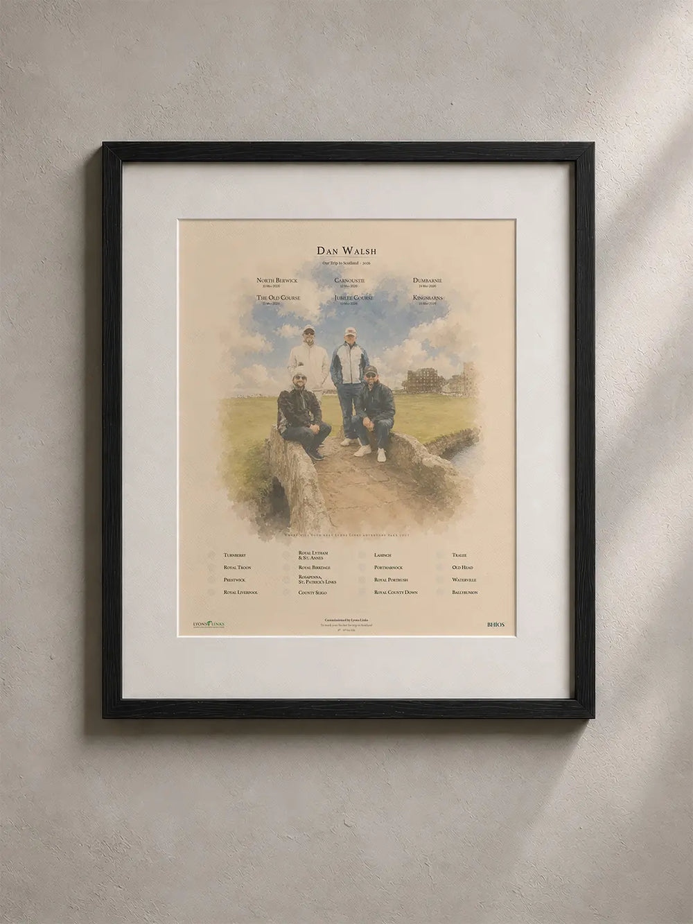 A hand illustrated BHÍOS golf print, drawn around a golfer's story and framed.