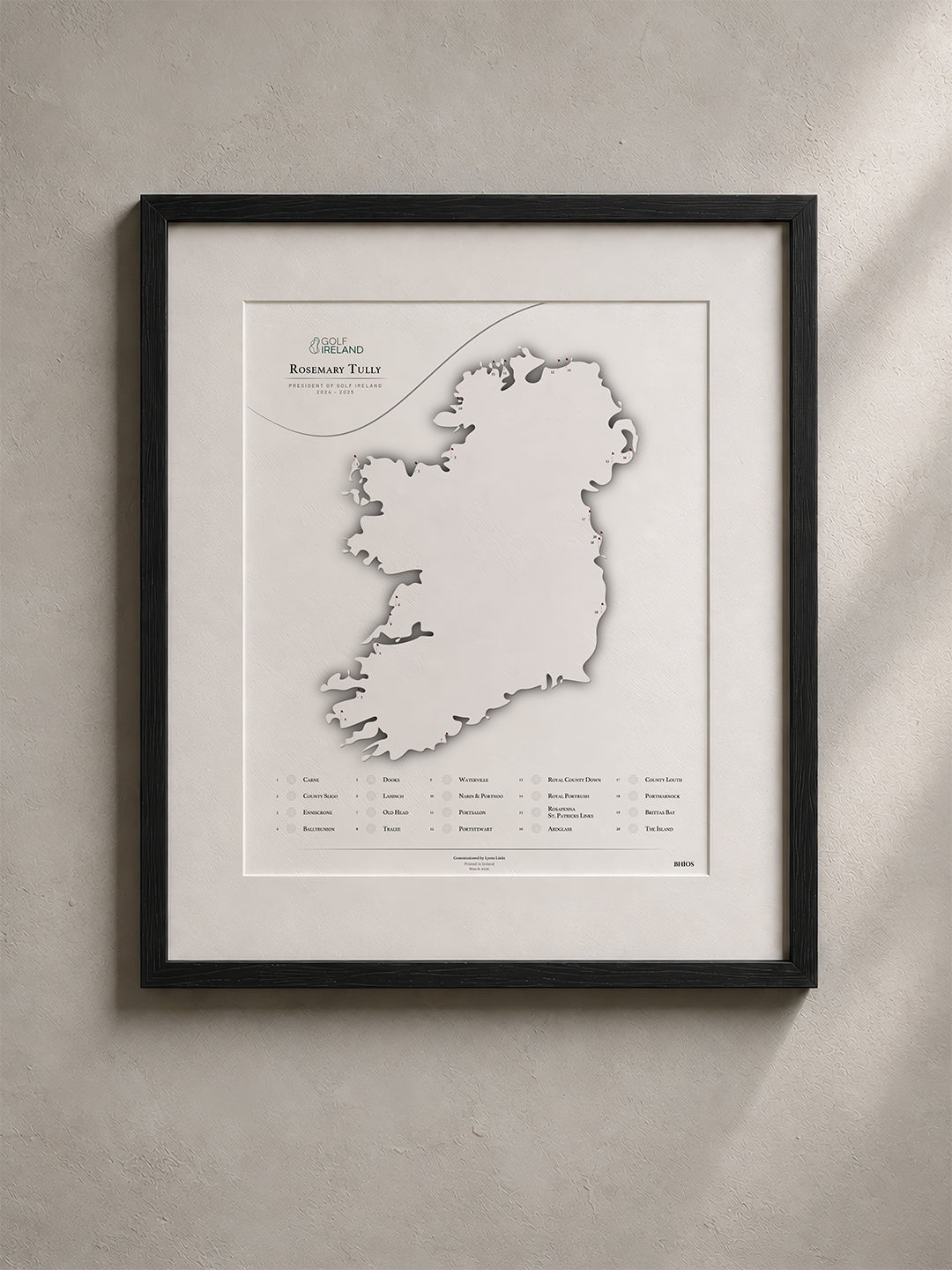 Framed BHÍOS Ireland map, commissioned for Rosemary Tully, President of Golf Ireland
