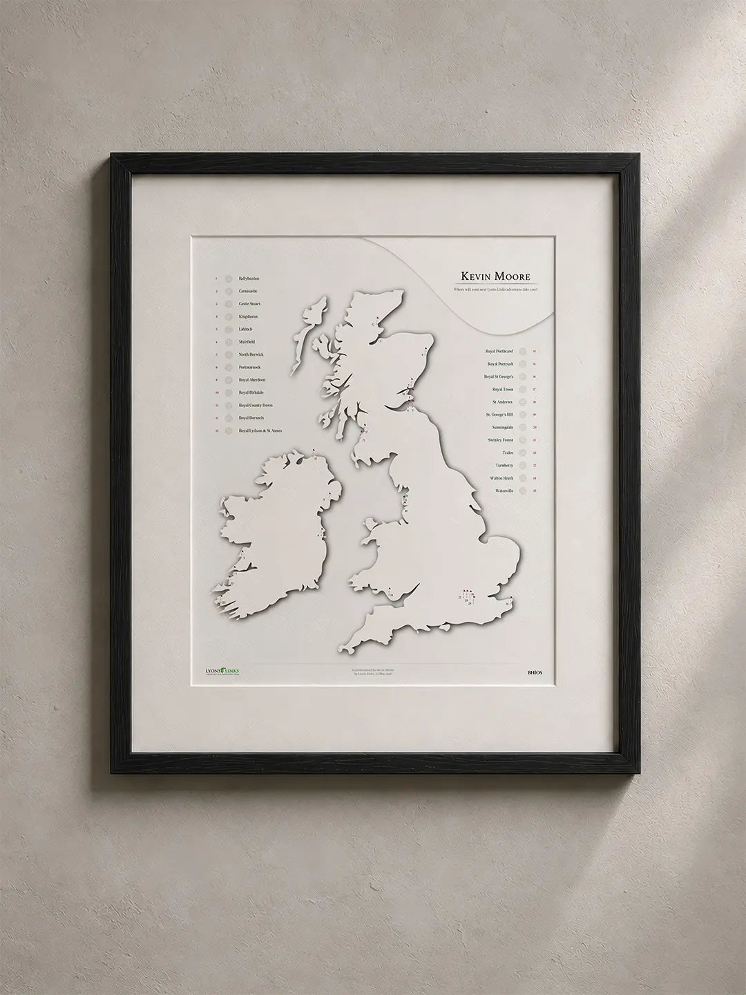 A framed BHÍOS map of the UK and Ireland, marking the courses a golfer has played.