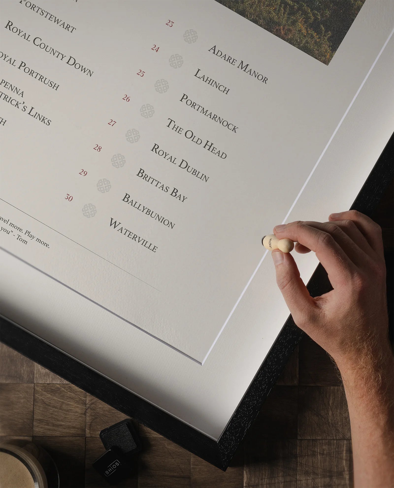 A BHÍOS bucket list print, stamped course by course as it is played